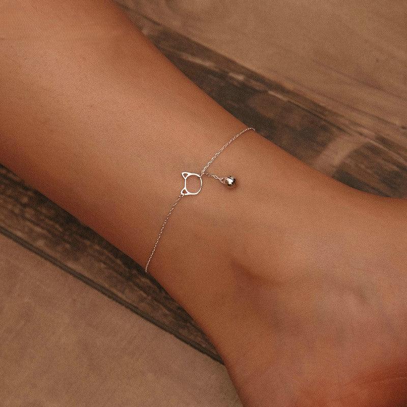 Delicate 925 Sterling Silver Cat Charm Anklet with Bell - Elevate and Beyond