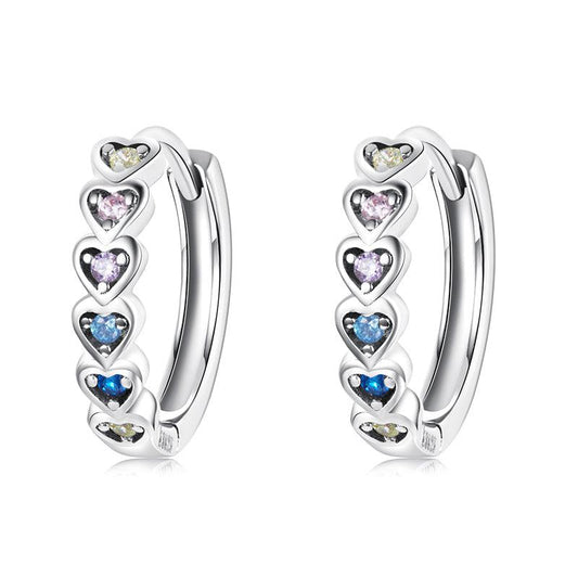 Elegant 925 Sterling Silver Heart Hoop Earrings with Colorful CZ Stones - Elevate and Beyond