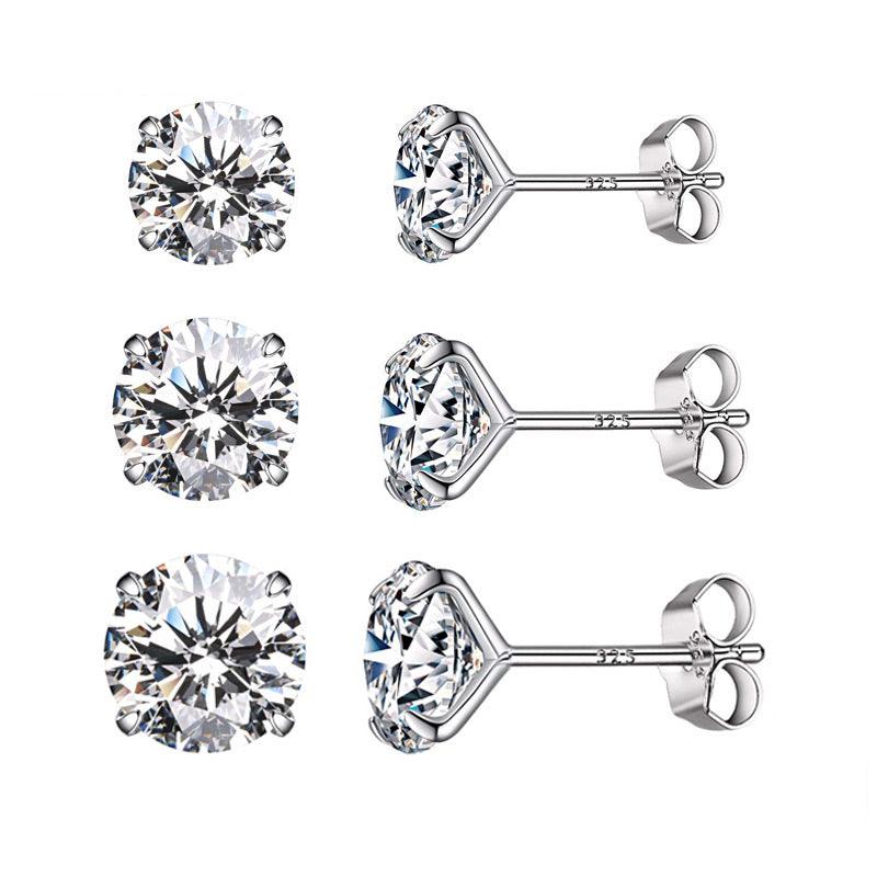 3-Pair Set of 925 Sterling Silver CZ Stud Earrings - Elevate and Beyond