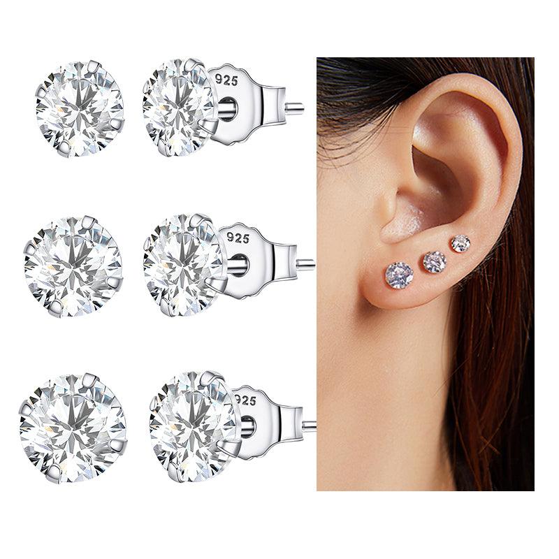 3-Pair Set of 925 Sterling Silver CZ Stud Earrings - Elevate and Beyond