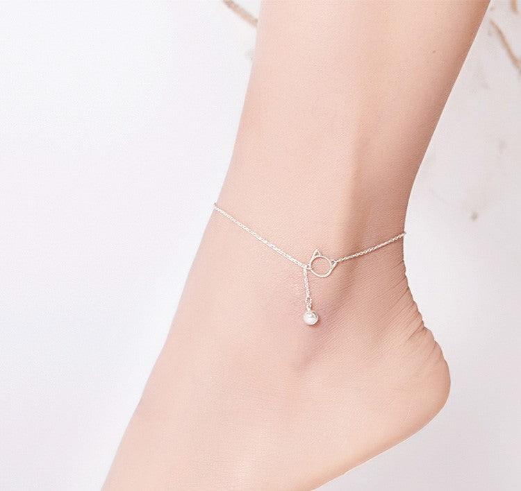 Delicate 925 Sterling Silver Cat Charm Anklet with Bell - Elevate and Beyond